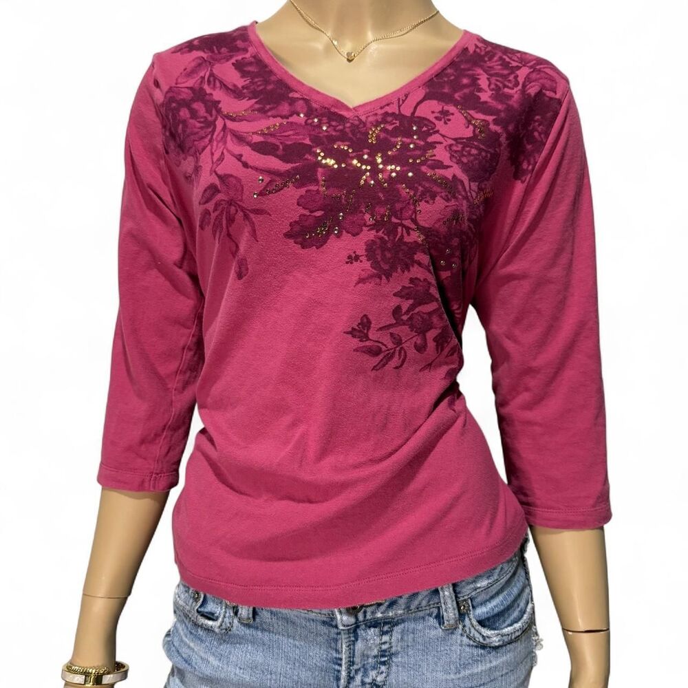 Nicole Miller New York Women's Large Pink Floral Rhinestone 3/4 Sleeve Y2K Top
